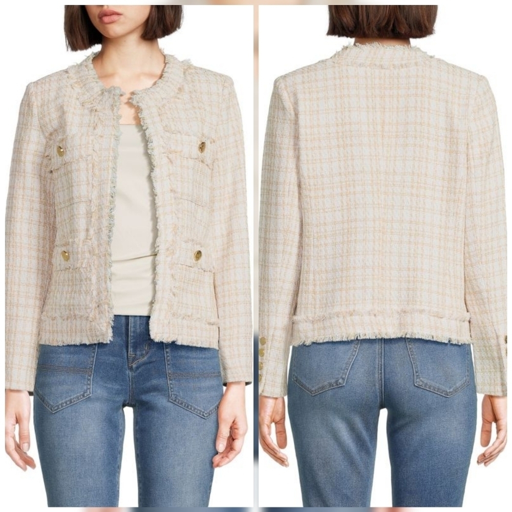 NANETTE nanette leporeTweed Frayed Open Front Jacket